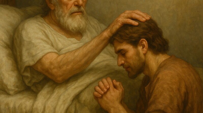 An elderly King David lies in bed, his crown on his head, as he places his hand in blessing on his young son Solomon, who kneels prayerfully beside the bed.