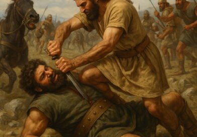 Sibbecai, an Israelite warrior, defeats the giant Sippai in a dramatic hand-to-hand combat on a rocky battlefield as other soldiers look on.