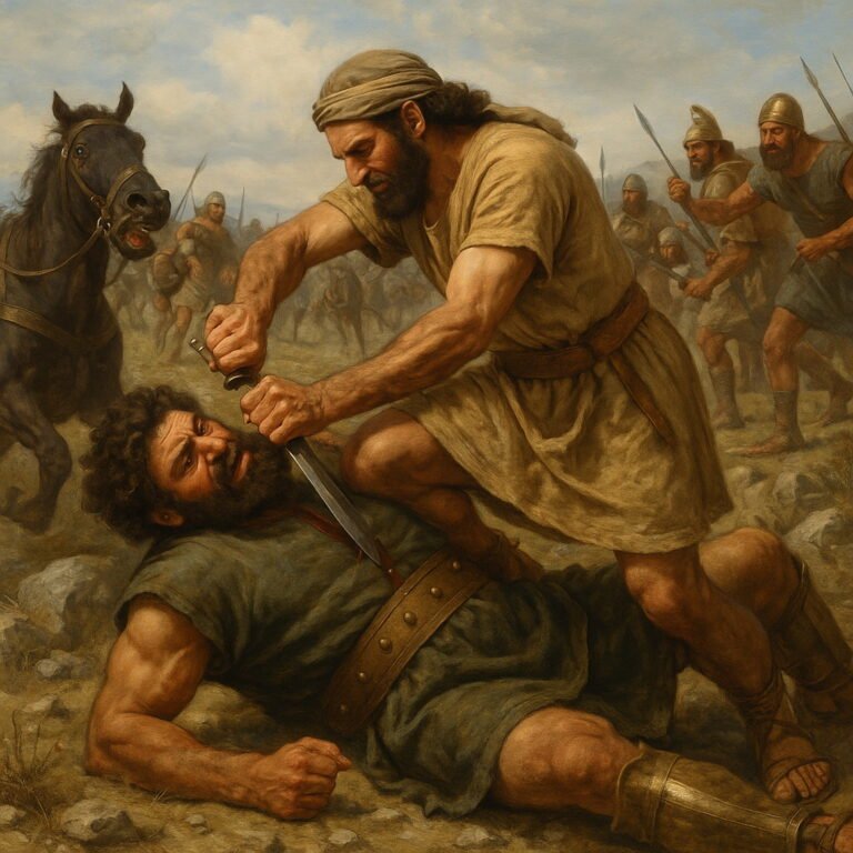 Sibbecai, an Israelite warrior, defeats the giant Sippai in a dramatic hand-to-hand combat on a rocky battlefield as other soldiers look on.