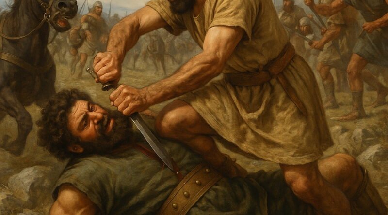 Sibbecai, an Israelite warrior, defeats the giant Sippai in a dramatic hand-to-hand combat on a rocky battlefield as other soldiers look on.