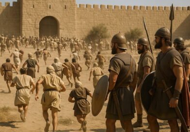 A photorealistic ancient battlefield scene: Ammonite soldiers flee in panic toward a walled city, while victorious Israelite warriors in armor stand in the foreground under a sunny sky.