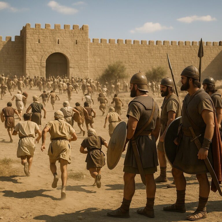 A photorealistic ancient battlefield scene: Ammonite soldiers flee in panic toward a walled city, while victorious Israelite warriors in armor stand in the foreground under a sunny sky.