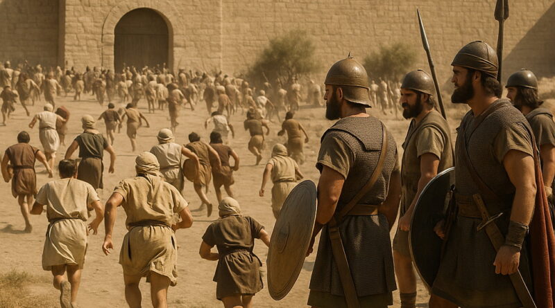 A photorealistic ancient battlefield scene: Ammonite soldiers flee in panic toward a walled city, while victorious Israelite warriors in armor stand in the foreground under a sunny sky.