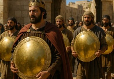 A photorealistic King David, crowned and in royal attire, leads soldiers carrying large golden shields through the ancient stone gates of Jerusalem in bright sunlight.