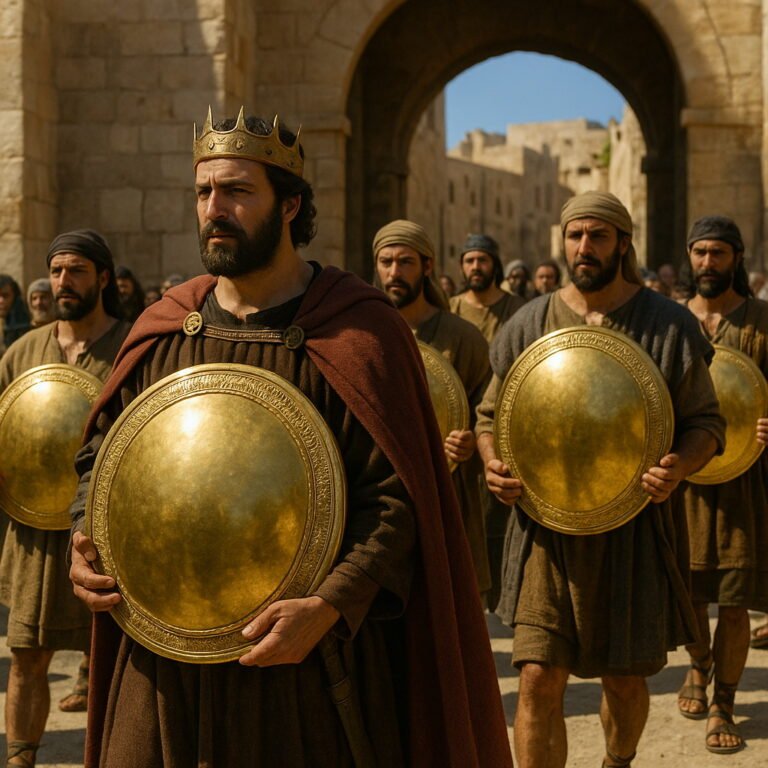 A photorealistic King David, crowned and in royal attire, leads soldiers carrying large golden shields through the ancient stone gates of Jerusalem in bright sunlight.
