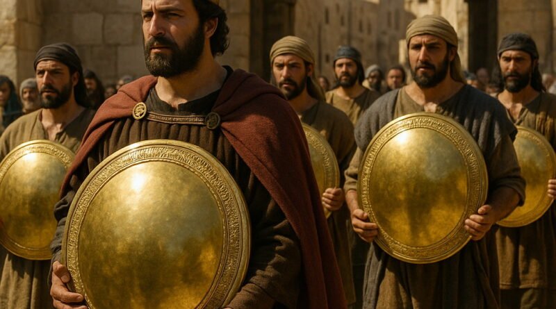 A photorealistic King David, crowned and in royal attire, leads soldiers carrying large golden shields through the ancient stone gates of Jerusalem in bright sunlight.