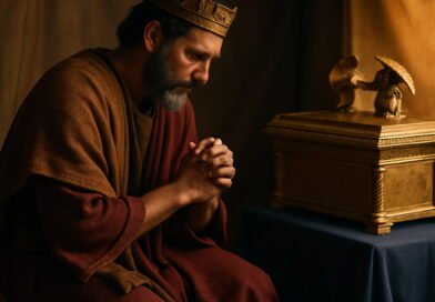A photorealistic King David kneels in prayer and awe before the golden Ark of the Covenant inside a softly lit tent, wearing royal robes and a crown.