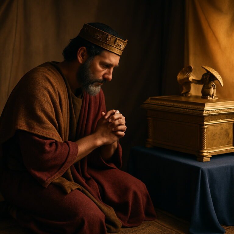 A photorealistic King David kneels in prayer and awe before the golden Ark of the Covenant inside a softly lit tent, wearing royal robes and a crown.