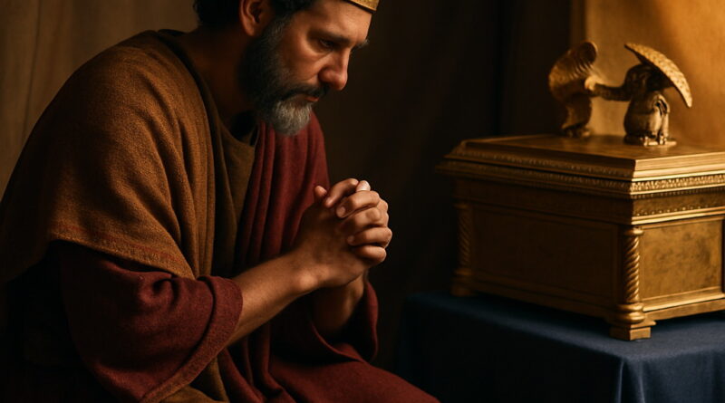 A photorealistic King David kneels in prayer and awe before the golden Ark of the Covenant inside a softly lit tent, wearing royal robes and a crown.