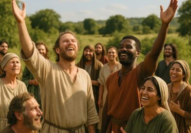A photorealistic, joyful group of people of various backgrounds and ages stand outdoors in biblical attire, some with hands raised, all smiling and celebrating in the sunlight.