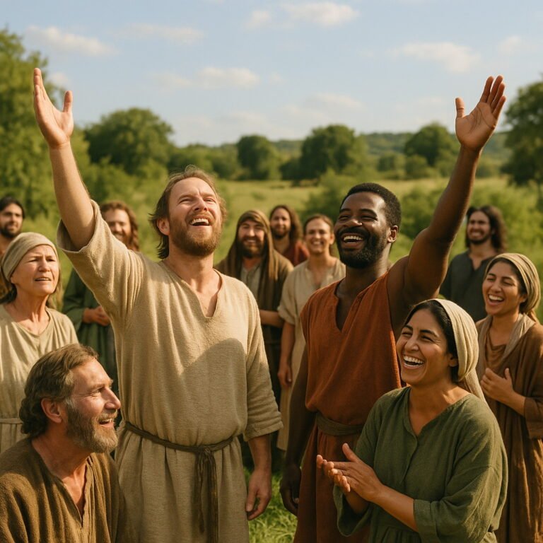 A photorealistic, joyful group of people of various backgrounds and ages stand outdoors in biblical attire, some with hands raised, all smiling and celebrating in the sunlight.