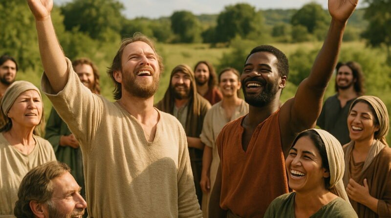 A photorealistic, joyful group of people of various backgrounds and ages stand outdoors in biblical attire, some with hands raised, all smiling and celebrating in the sunlight.