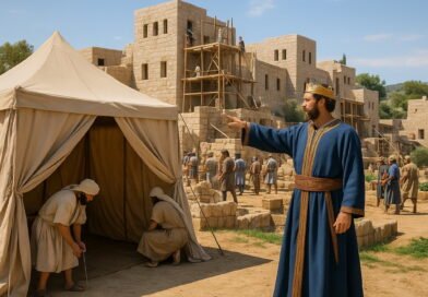A photorealistic King David in a royal blue robe and crown oversees workers building houses and setting up a large tent in an ancient stone city under a bright blue sky.