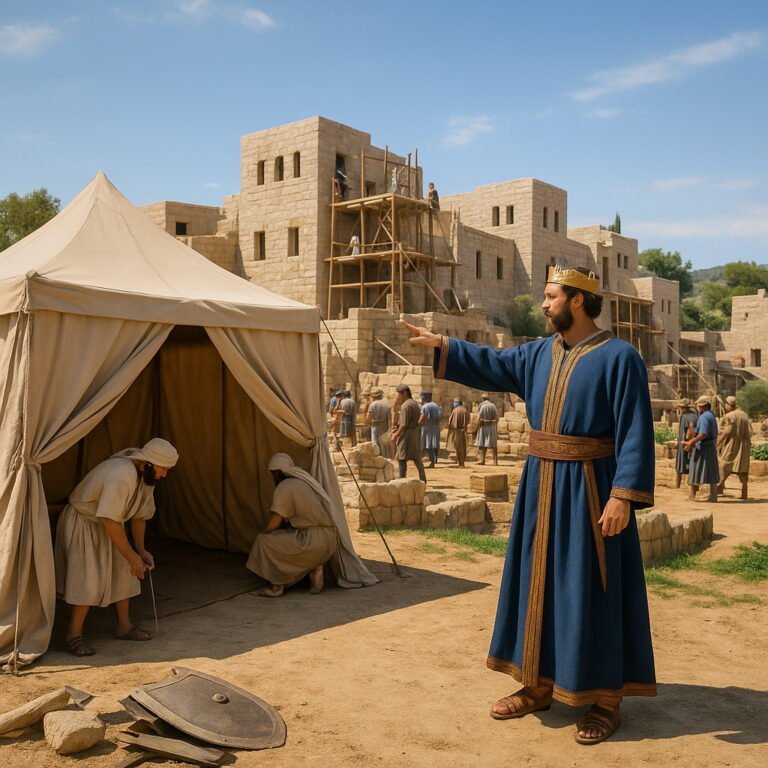 A photorealistic King David in a royal blue robe and crown oversees workers building houses and setting up a large tent in an ancient stone city under a bright blue sky.