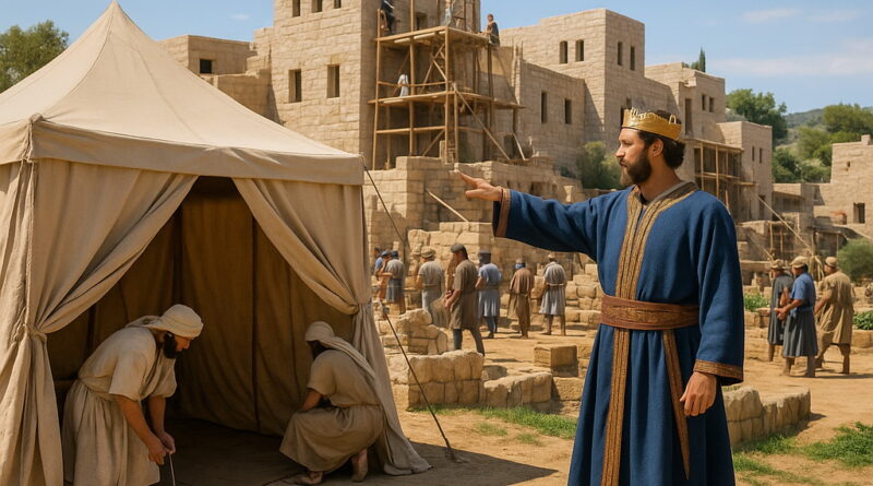 A photorealistic King David in a royal blue robe and crown oversees workers building houses and setting up a large tent in an ancient stone city under a bright blue sky.