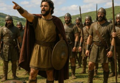 A photorealistic King David stands at the forefront of his armored troops, pointing forward in triumph after battle, with discarded shields and weapons on the ground and green hills under a bright sky.