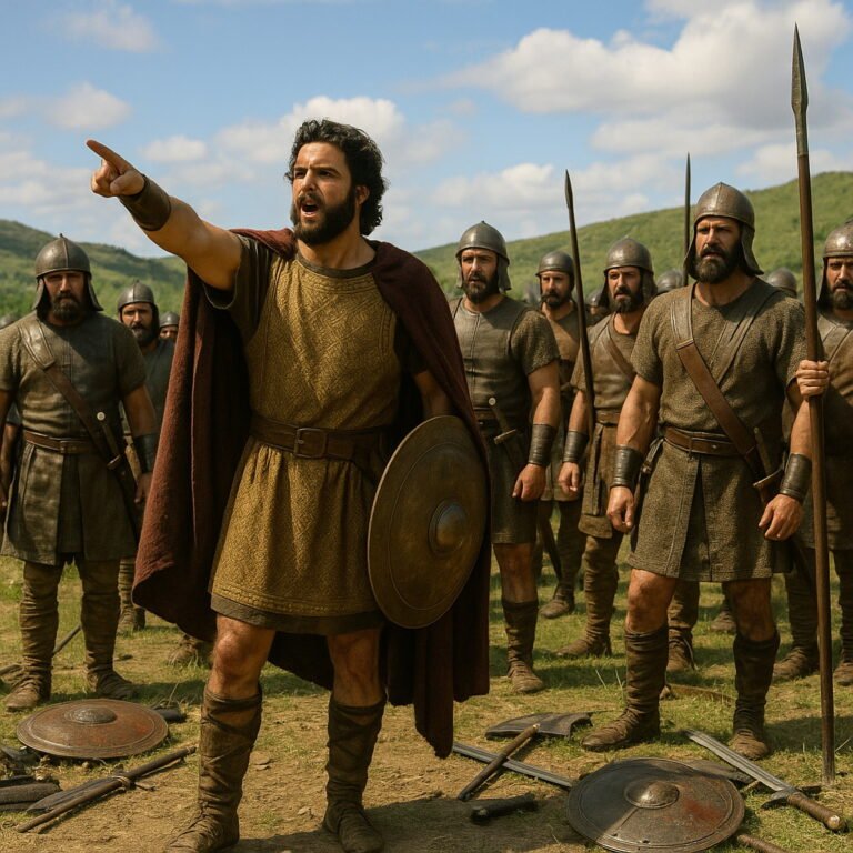 A photorealistic King David stands at the forefront of his armored troops, pointing forward in triumph after battle, with discarded shields and weapons on the ground and green hills under a bright sky.