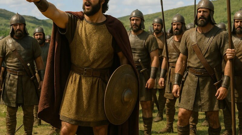 A photorealistic King David stands at the forefront of his armored troops, pointing forward in triumph after battle, with discarded shields and weapons on the ground and green hills under a bright sky.
