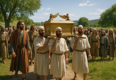 A photorealistic scene shows King David and a large group of Israelites, dressed in ancient garments, reverently carrying the golden Ark of the Covenant on poles through a lush green landscape under a clear sky.