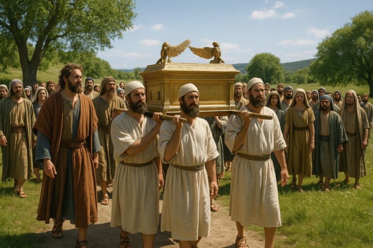 A photorealistic scene shows King David and a large group of Israelites, dressed in ancient garments, reverently carrying the golden Ark of the Covenant on poles through a lush green landscape under a clear sky.