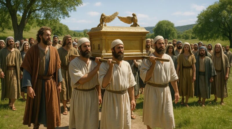 A photorealistic scene shows King David and a large group of Israelites, dressed in ancient garments, reverently carrying the golden Ark of the Covenant on poles through a lush green landscape under a clear sky.