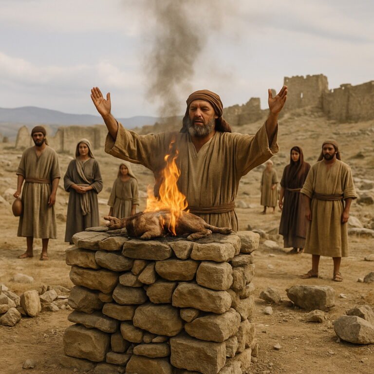 A man offers a burnt sacrifice on a stone altar among ruins, as the temple foundation has not yet been laid.
