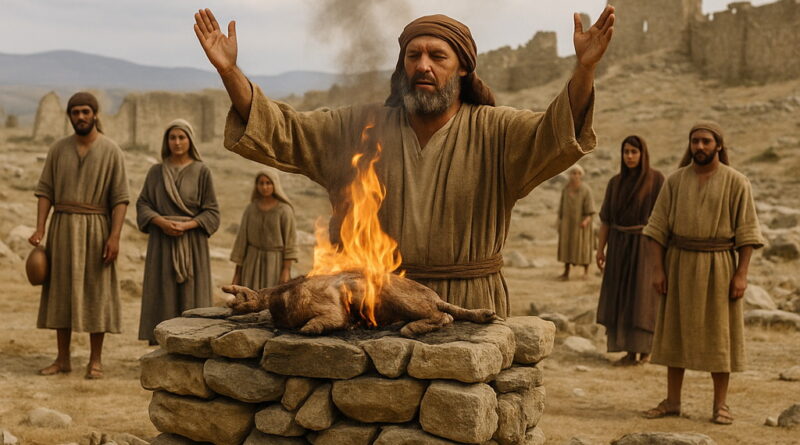 A man offers a burnt sacrifice on a stone altar among ruins, as the temple foundation has not yet been laid.