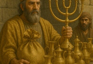 King Cyrus, in a golden crown and robe, holds sacred temple vessels, including a golden menorah, with a servant and other holy items beside him.
