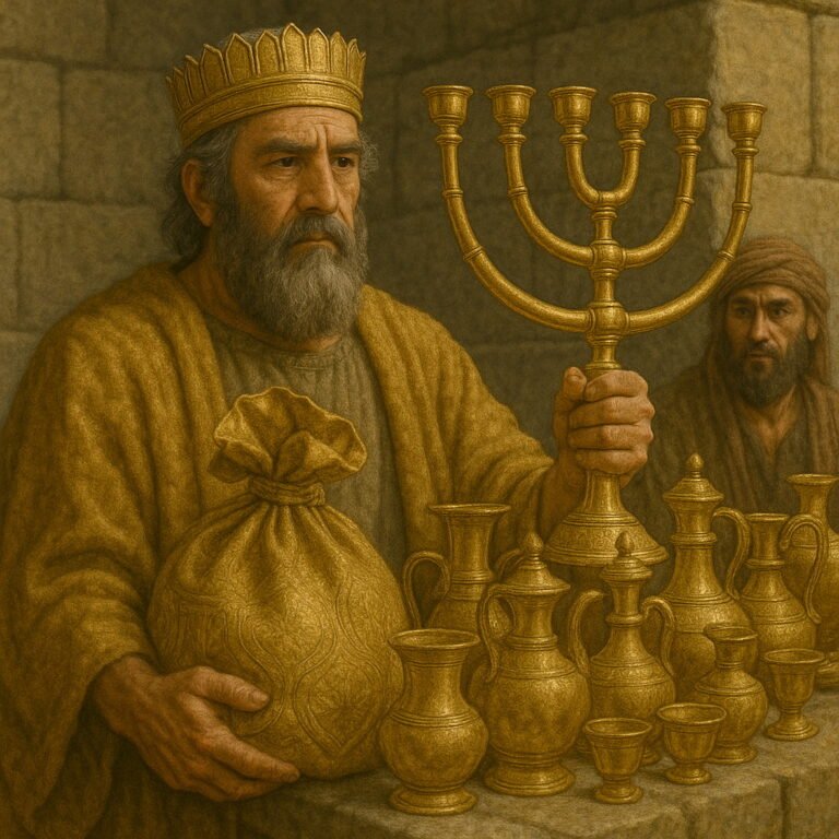 King Cyrus, in a golden crown and robe, holds sacred temple vessels, including a golden menorah, with a servant and other holy items beside him.