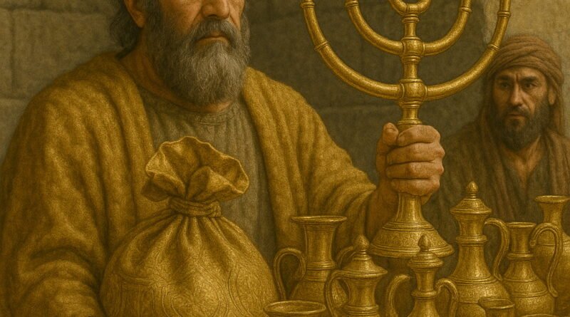 King Cyrus, in a golden crown and robe, holds sacred temple vessels, including a golden menorah, with a servant and other holy items beside him.
