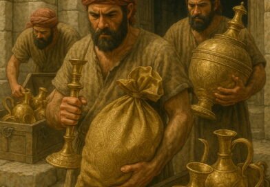 Three men carry away the Lord’s golden treasures and vessels to Babylon, placing the sacred items into crates.