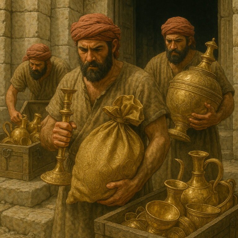 Three men carry away the Lord’s golden treasures and vessels to Babylon, placing the sacred items into crates.