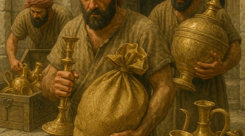 Three men carry away the Lord’s golden treasures and vessels to Babylon, placing the sacred items into crates.
