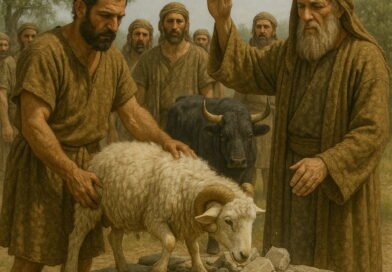 A ram stands on a stone altar as a priest raises his hand in blessing, surrounded by men and a nearby bull watching.