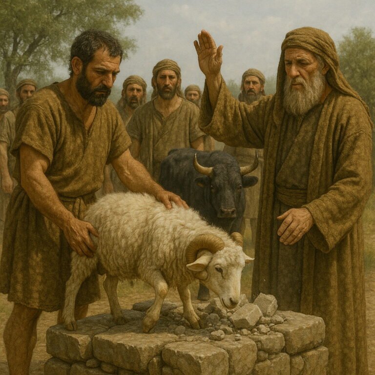 A ram stands on a stone altar as a priest raises his hand in blessing, surrounded by men and a nearby bull watching.