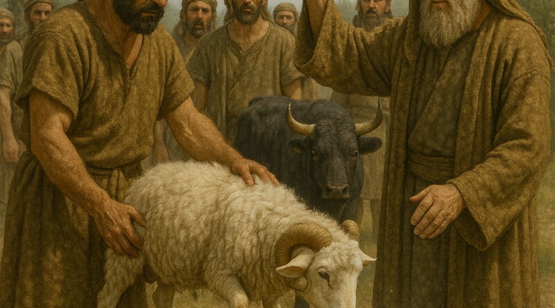 A ram stands on a stone altar as a priest raises his hand in blessing, surrounded by men and a nearby bull watching.