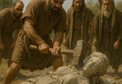 Men smashing a pagan idol statue with a hammer in a field during the destruction of Baal and Asherah altars.