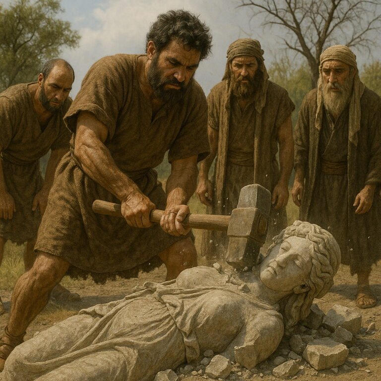 Men smashing a pagan idol statue with a hammer in a field during the destruction of Baal and Asherah altars.