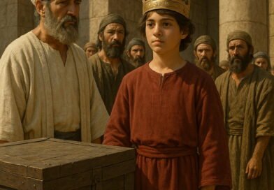 Twelve-year-old King Manasseh stands in red robes and a gold crown before the temple, beside a wooden chest and his advisors.