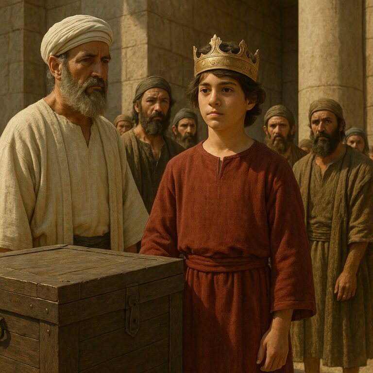 Twelve-year-old King Manasseh stands in red robes and a gold crown before the temple, beside a wooden chest and his advisors.