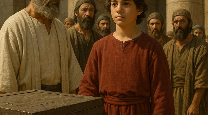 Twelve-year-old King Manasseh stands in red robes and a gold crown before the temple, beside a wooden chest and his advisors.