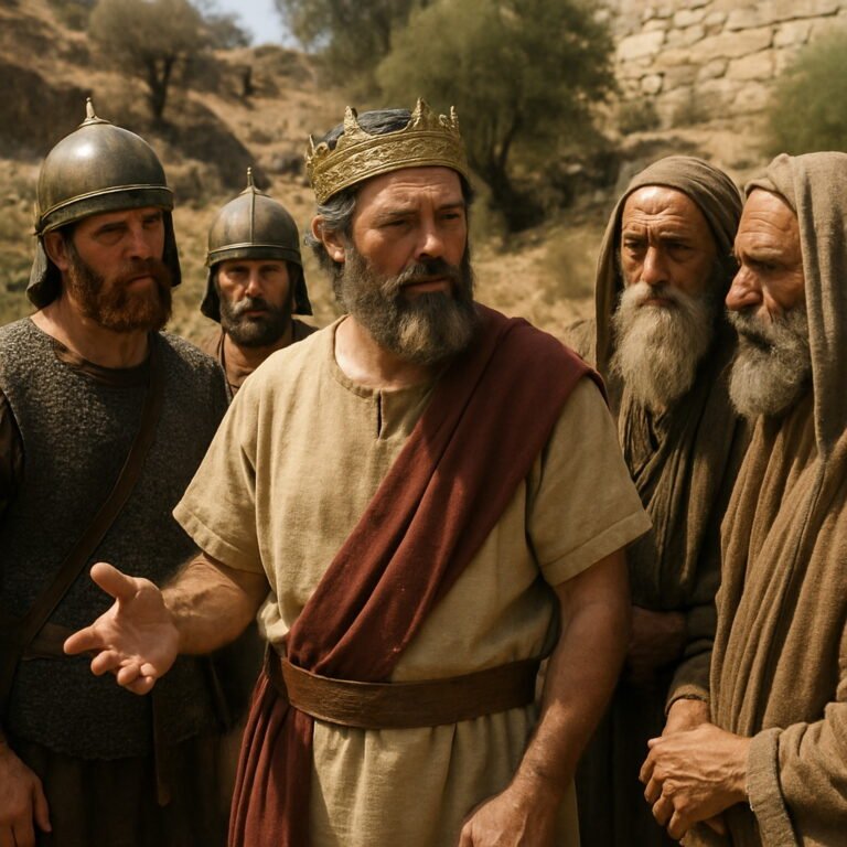 A king and his advisors hold counsel near a city wall, while soldiers stand watch in the background.