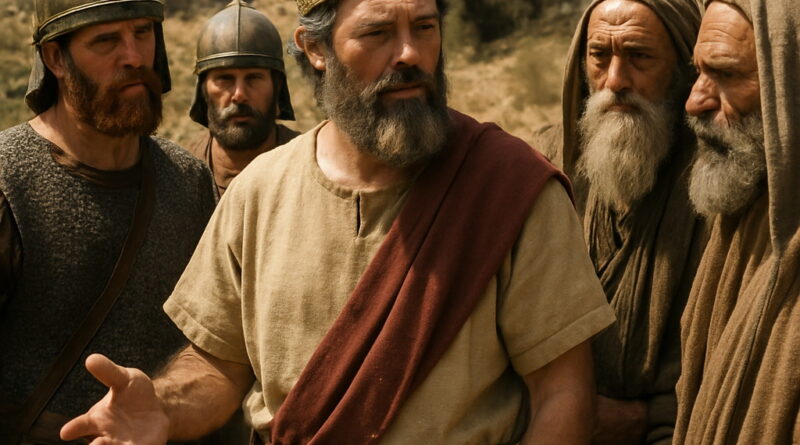 A king and his advisors hold counsel near a city wall, while soldiers stand watch in the background.