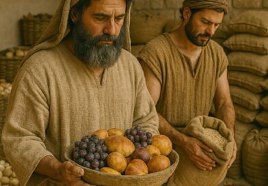 Two Levite men carefully gather tithes and offerings—one holding fruit, the other pouring grain from a sack.