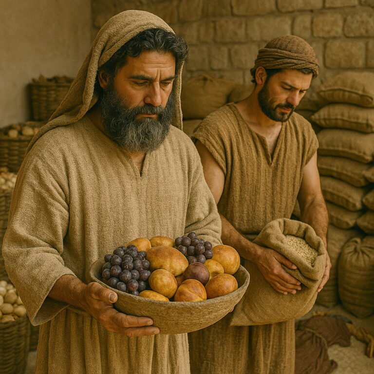Two Levite men carefully gather tithes and offerings—one holding fruit, the other pouring grain from a sack.