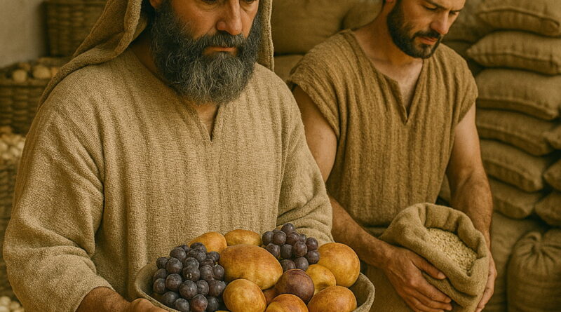 Two Levite men carefully gather tithes and offerings—one holding fruit, the other pouring grain from a sack.