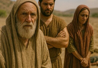 Three biblical figures stand solemnly in a desert landscape, the aftermath of destruction behind them, reflecting on their fathers' sins.