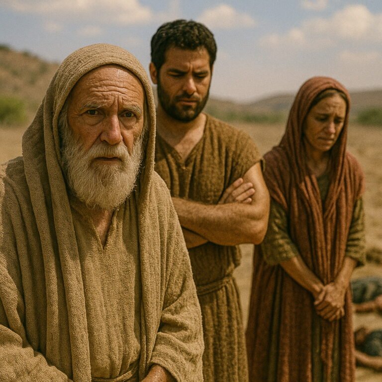 Three biblical figures stand solemnly in a desert landscape, the aftermath of destruction behind them, reflecting on their fathers' sins.