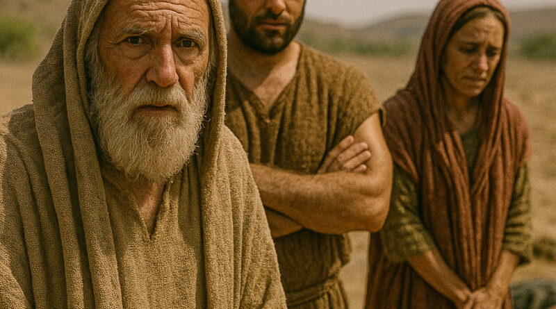 Three biblical figures stand solemnly in a desert landscape, the aftermath of destruction behind them, reflecting on their fathers' sins.