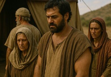 Somber-faced people stand near the entrance of the Lord’s tent, in sorrow and repentance, turning their backs on the sacred place.